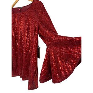 NWT Red Vince Camuto Womens 1X Sequin Bell Sleeve Top Neck Bling Date 8696